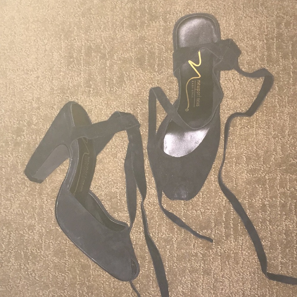 blk suede peep toe lace up heels